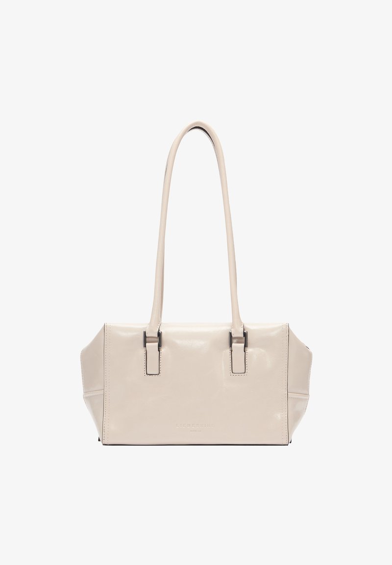 Beige Lederhandtasche mit zwei Schulterriemen, rechteckiger Form und glänzender Textur. Verfügt über silberfarbene Hardware und minimale Details.