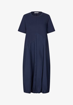 Marineblaues Midi-Kleid mit kurzen Ärmeln, gemischten Stoffpaneelen, Rundhalsausschnitt und gerafftem elastischem Saum.