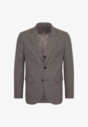 Pelēks žakets, kas izgatavots no teksturēta auduma, ar grieztiem atlociem, divu pogu aizdari un divām priekšējām kabatām. Redzama odere iekšpusē.