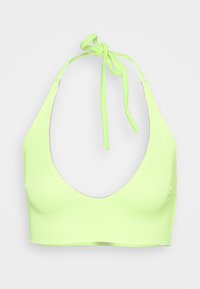 Top de bikini em halter na cor verde néon, feito de tecido canelado, apresentando um decote em U profundo e alças ajustáveis com laço.