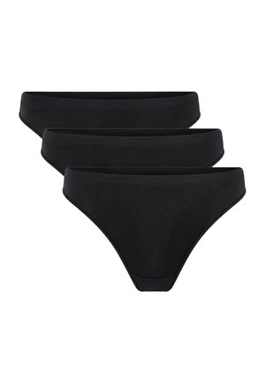 Drie identieke zwarte bikini-slipjes gestapeld in een verspringende opstelling op een witte achtergrond.