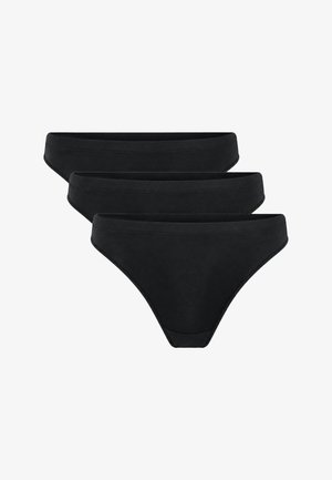 Trois sous-vêtements noirs de style bikini identiques empilés en arrangement décalé sur fond blanc.