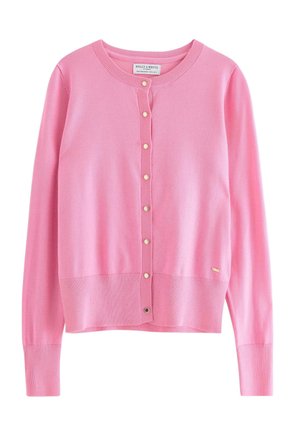 Cardigan rosa con scollatura rotonda, maniche lunghe, chiusura frontale con bottoni in tonalità dorata e bordo e polsini a costine.