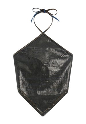 Black shiny halter top with triangular shape, tied at neck with thin straps, featuring visible stitching along edges.