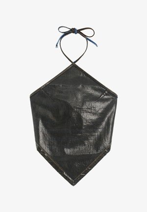 Black shiny halter top with triangular shape, tied at neck with thin straps, featuring visible stitching along edges.