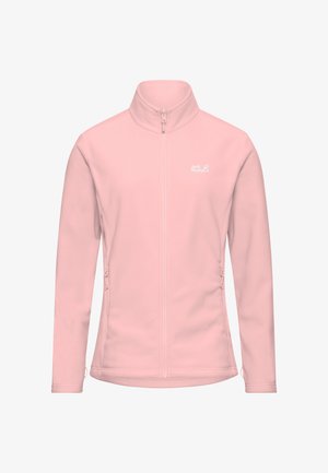 Veste en polaire rose clair avec col montant, fermeture éclair intégrale, poches latérales et petit logo sur le côté gauche de la poitrine. Texture lisse, coupe ajustée.