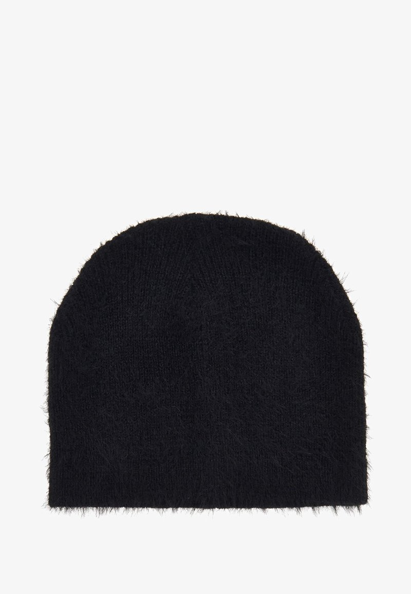 Juoda megzta kepurė su vilnos tekstūra, apvali viršutinė dalis, šiek tiek pūkuotas paviršius, paprasto ir nesudėtingo dizaino.