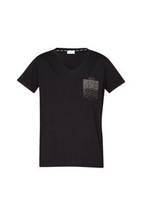 T-shirt nero a maniche corte con scollo a V, caratterizzato da una tasca testurizzata impreziosita da borchie metalliche, realizzato in morbido cotone.