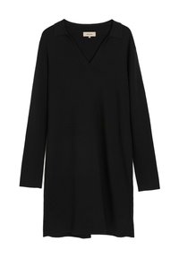 Czarny, długi rękaw, top z dekoltem w kształcie V i kołnierzykiem. Wykonany z miękkiej, teksturowanej tkaniny, o luźnym kroju i bocznych rozporkach.