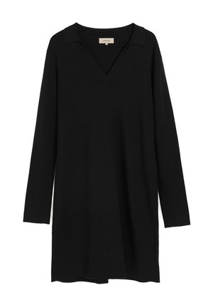 Czarny, długi rękaw, top z dekoltem w kształcie V i kołnierzykiem. Wykonany z miękkiej, teksturowanej tkaniny, o luźnym kroju i bocznych rozporkach.