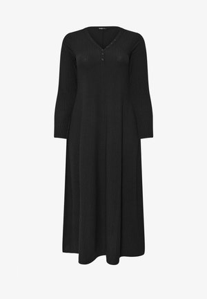 Robe noire à manches longues côtelée avec un décolleté en V, dotée d'une fermeture à boutons au niveau de la poitrine et d'une jupe évasée en A. Texture douce.