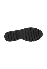 Black rubber shoe sole with textured pattern, featuring deep grooves for traction and a rounded toe shape. Markings present near the center.