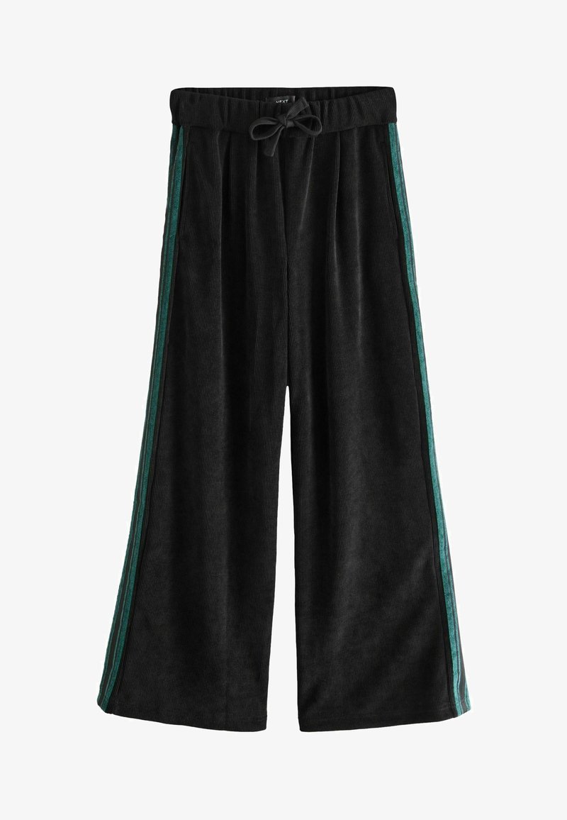 Black wide-leg pants made of soft corduroy. Features green side stripes and a drawstring waistband for adjustable fit.