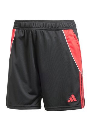 Pantaloni sportivi neri con pannelli laterali rossi, piping bianco, cintura elastica e un piccolo logo Adidas rosso sulla gamba destra.