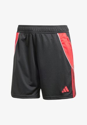 Pantaloni sportivi neri con pannelli laterali rossi, piping bianco, cintura elastica e un piccolo logo Adidas rosso sulla gamba destra.