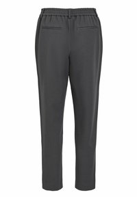 Donkergrijze broek met een elastische tailleband, twee achterzakken en een taps toelopend ontwerp, gemaakt van een gladde, lichte stof.