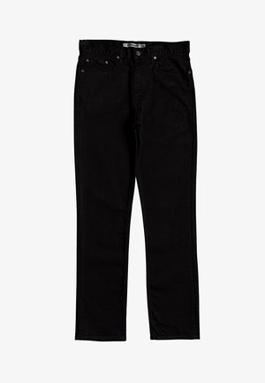 Jean noir en denim avec coupe droite, conception à cinq poches, détails surpiqués et garnitures métalliques sur les poches.