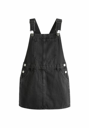 Czarna sukienka ogrodniczka z denimu z regulowanymi ramiączkami, przednią kieszenią i metalowymi elementami. Posiada boczne kieszenie i prosty krój.