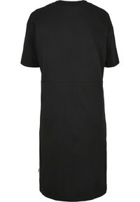 Robe noire à manches courtes, longueur au genou, avec un col rond et un détail de couture à la taille, vue de dos.