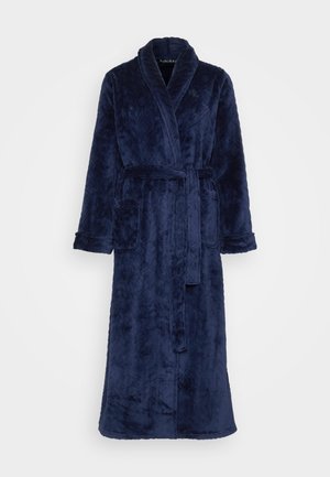 Marineblaue, flauschige Robe mit langen Ärmeln, einem Schalkragen und Seitentaschen. Sie verfügt über einen Bindegürtel und einen weichen, strukturierten Stoff.