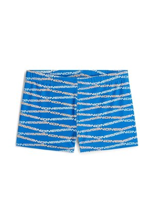 Blauwe zwemshorts van synthetisch materiaal, met een herhalend patroon van wit en oranje logo's, met rechte pijpen en een elastische tailleband.