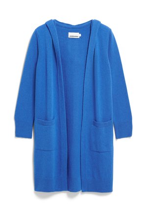 Blauwe gebreide cardigan met een capuchon, lange mouwen en twee voorzakken. Open voorkant ontwerp en geribde manchetten. Zachte textuur.