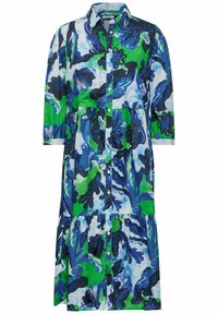 Knopf-up Kleid mit Kragen. Verfügt über ein blaues und grünes Blumenmuster auf weißem Hintergrund. Hergestellt aus leichtem Stoff.