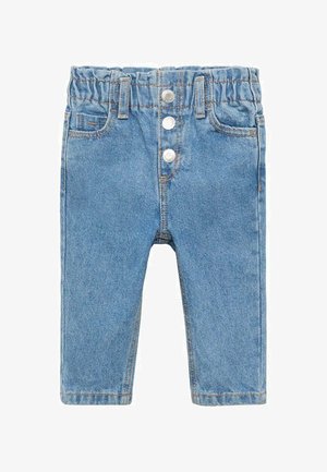 Ljusblå denimbyxor med elastisk midja, tre framknappar, två sidfickor och raka ben. Slät yta, klassisk design.