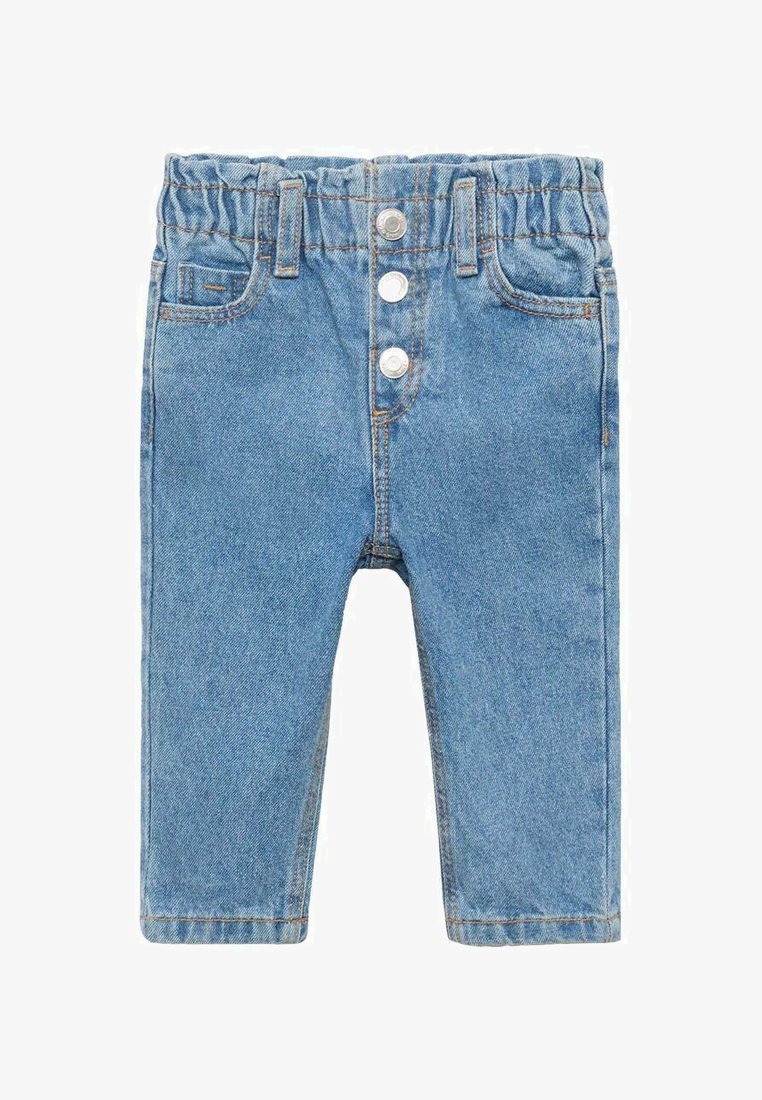 Svijetloplave traperice s elastičnim pojasom, tri prednja gumba, dva bočna džepa i ravne nogavice. Glatka tekstura, klasičan dizajn.