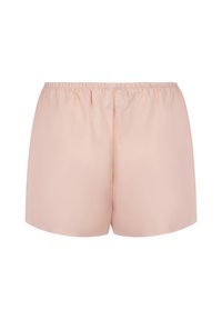 Lichtroze satijnen shorts met een elastische tailleband, een gladde textuur en een losse pasvorm.