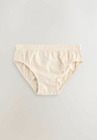 Beige katoenen ondergoed met een elastische tailleband, met een gladde textuur en een eenvoudig ontwerp. Geen zichtbare patronen of hardware.