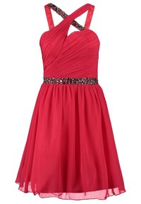 Red, sleeveless dress with a fitted bodice, pleated design, cross-back straps, and a beaded belt. Flowy skirt with a knee-length hem.