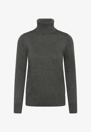 Tamsiai pilkas turtleneck megztinis, pagamintas iš megztos medžiagos, su ilgomis rankovėmis, šonkačių apykakle ir rankogaliais, turinčiais lygią tekstūrą.