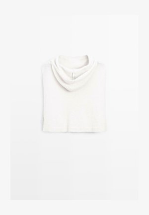 Pull court à capuche en blanc, doté d'une texture douce, d'un ourlet côtelé et de détails de couture discrets à l'arrière.