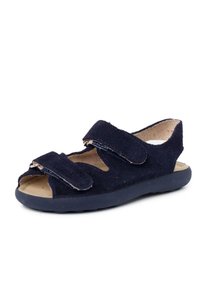 Dark navy suede sandal with two adjustable Velcro straps, open toe, and back strap. Textured insole and flexible rubber sole.