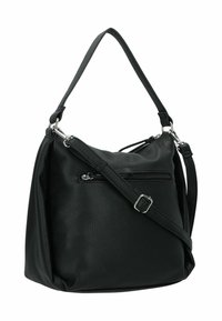 Schwarze Leder-Schultertasche mit einem lässigen Design, ausgestattet mit einer Reißverschlusstasche an der Vorderseite, einem verstellbaren Tragegurt und einer strukturierten Oberfläche.