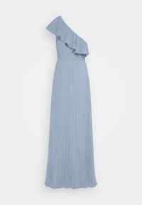 Robe bleu clair à une épaule avec un col volanté et une jupe plissée, fabriquée dans un tissu doux au design fluide.