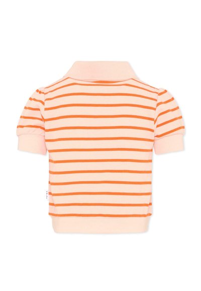 Chemise pour tout-petit à manches courtes couleur pêche avec des rayures horizontales orange et un large col, vue de dos.