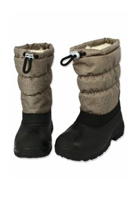 Braune, isolierte Schnee-Stiefel mit weicher Innenausstattung, aufgepolstertem Obermaterial aus Stoff und schwarzem Gummianteil im unteren Bereich; mit Kordelverschluss ausgestattet.