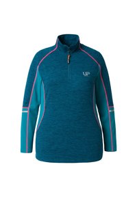 Teal Performance-Halbzip-Oberteil mit kontrastierenden türkisfarbenen Einsätzen, pinken Nähten und einem Reißverschlusskragen. Weicher Stoff, ideal für Sportbekleidung.
