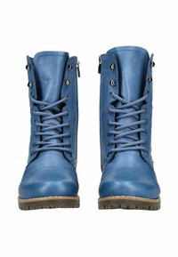 Bottes lacées en cuir bleu avec une finition texturée, zips sur les côtés et semelles en caoutchouc dotées d'un motif de semelle pour une meilleure traction.