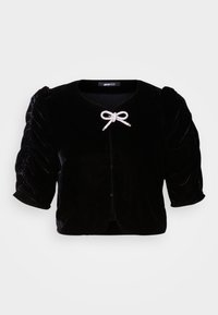 Giacca cropped in velluto nero con maniche a palloncino corte, dotata di un dettaglio a fiocco metallico sul davanti e di un collo rotondo.