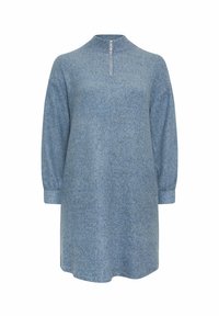 Robe en feutre bleu avec un col haut et une fermeture éclair d'un quart de longueur, dotée de manches longues et d'une coupe ample et décontractée. Texture douce et détails minimaux.