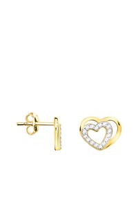 Orecchini a forma di cuore in oro, con un contorno esterno a forma di cuore e un cuore interno decorato con scintillanti pietre trasparenti. Chiusura a perno.