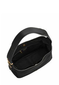 Sac à main en cuir noir avec un extérieur lisse, une large poignée unique et des accents dorés. À l'intérieur, il dispose d'un grand compartiment avec une poche zippée.