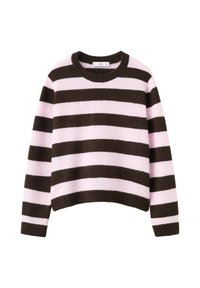 Suéter de punto a rayas marrón y rosa con escote redondo y mangas largas, que presenta un diseño recortado y una textura suave.