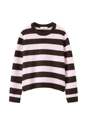 Gestreifter Strickpullover in Braun und Pink mit rundem Ausschnitt und langen Ärmeln, der ein verkürztes Design und eine weiche Textur aufweist.