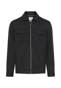 Zwarte zip-up jas met twee borstzakken, met kraag en lange mouwen. Gemaakt van een gestructureerde stof met een vormvaste pasvorm.