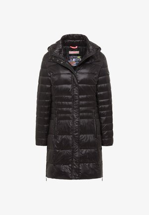 Czarna kurtka puchowa z kapturem, z pikowanym wzorem, zapinana na zamek z przodu i z bocznymi kieszeniami. Materiał ma gładką, błyszczącą fakturę.