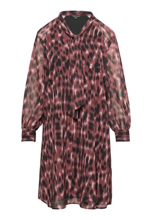 Durchsichtiges, langärmliges Kleid in burgunder- und schwarzen Farbtönen mit Leopardenmuster; verfügt über einen gebundenen Ausschnitt und elastische Ärmelbündchen.